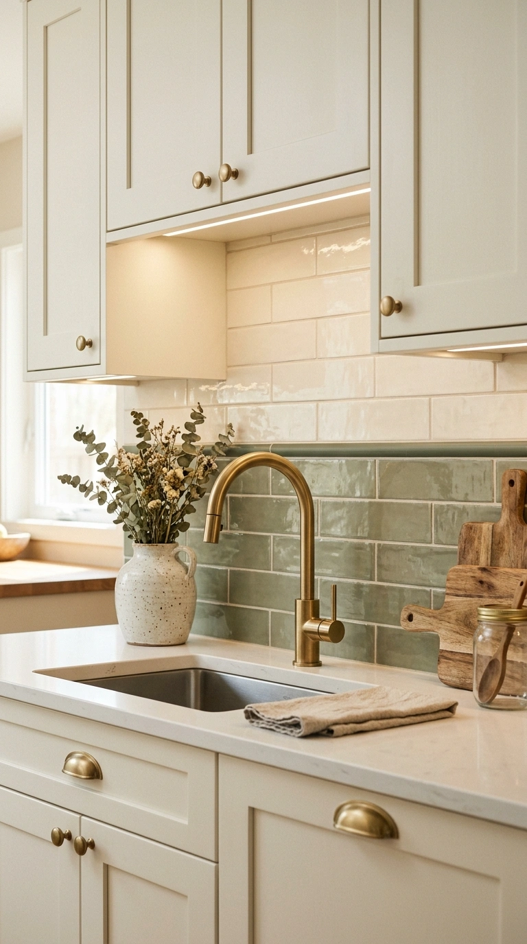 016 A two tone split tile backsplash with warm sage gr