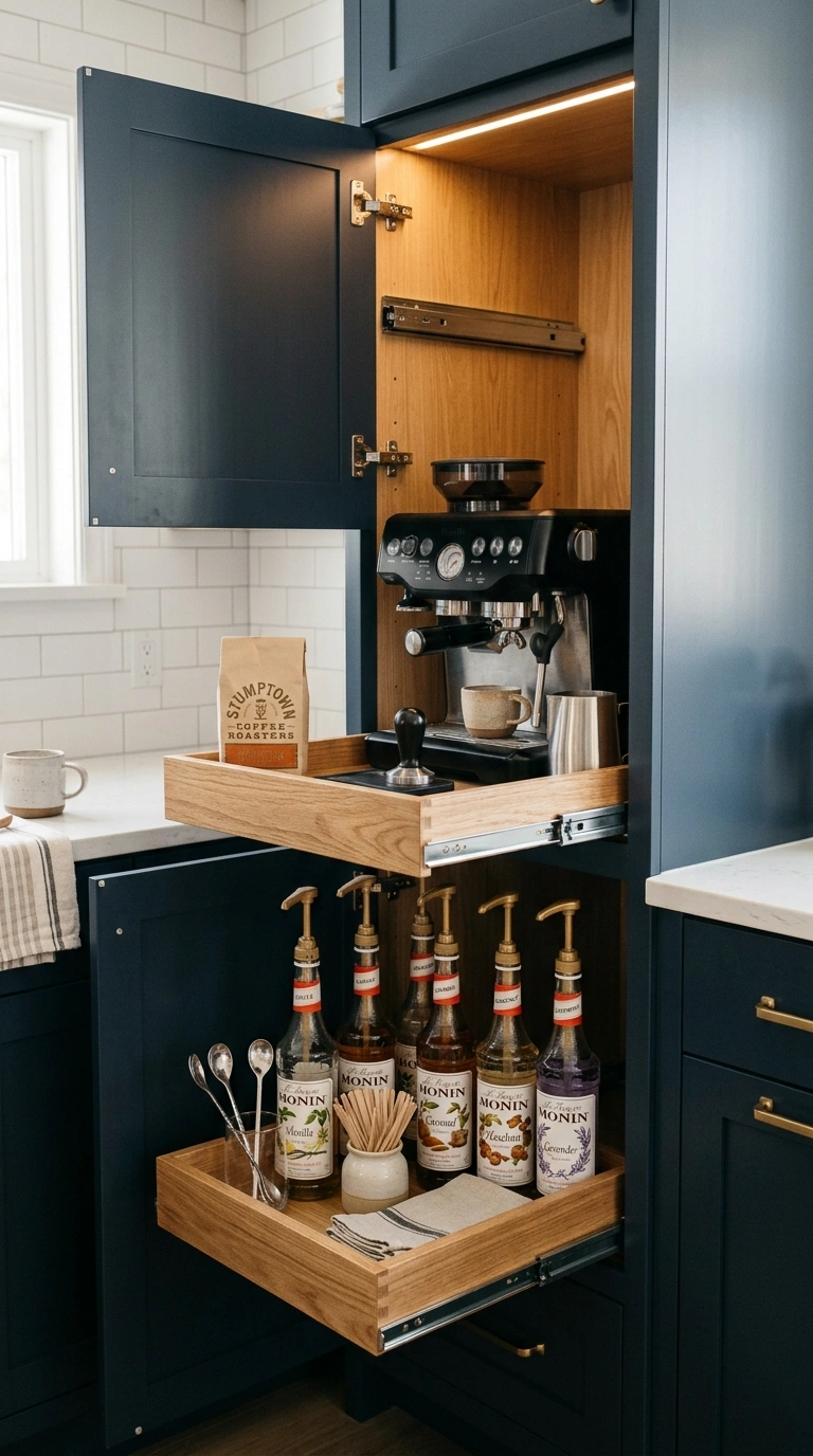 016 An open deep kitchen cabinet revealing a smooth pu