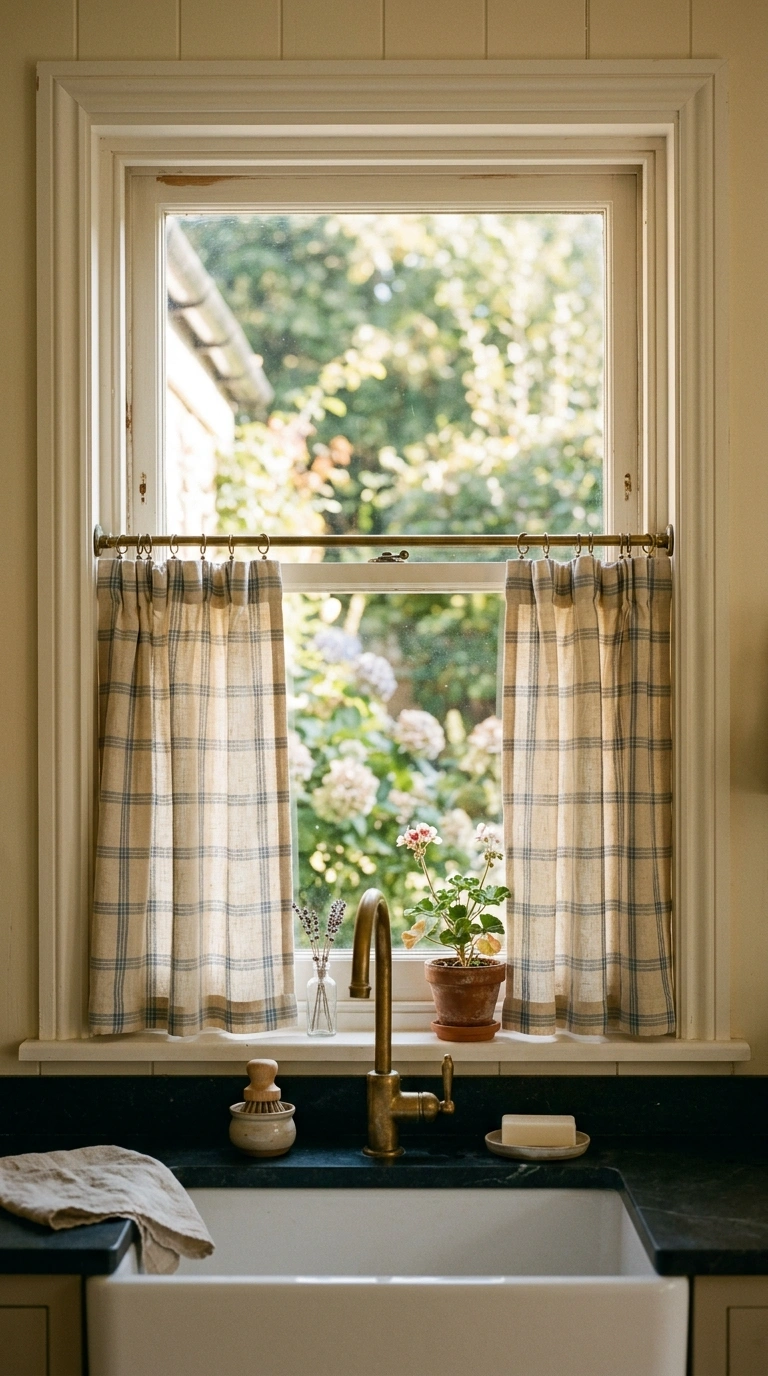 016 Short linen cafe curtains in faded blue check cove