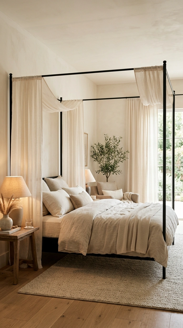 017 A bedroom with a slim matte black four poster bed