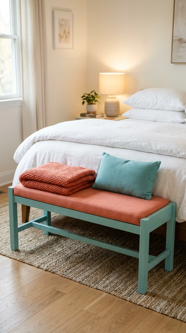 017 A bench at the foot of a bed with a soft turquoise