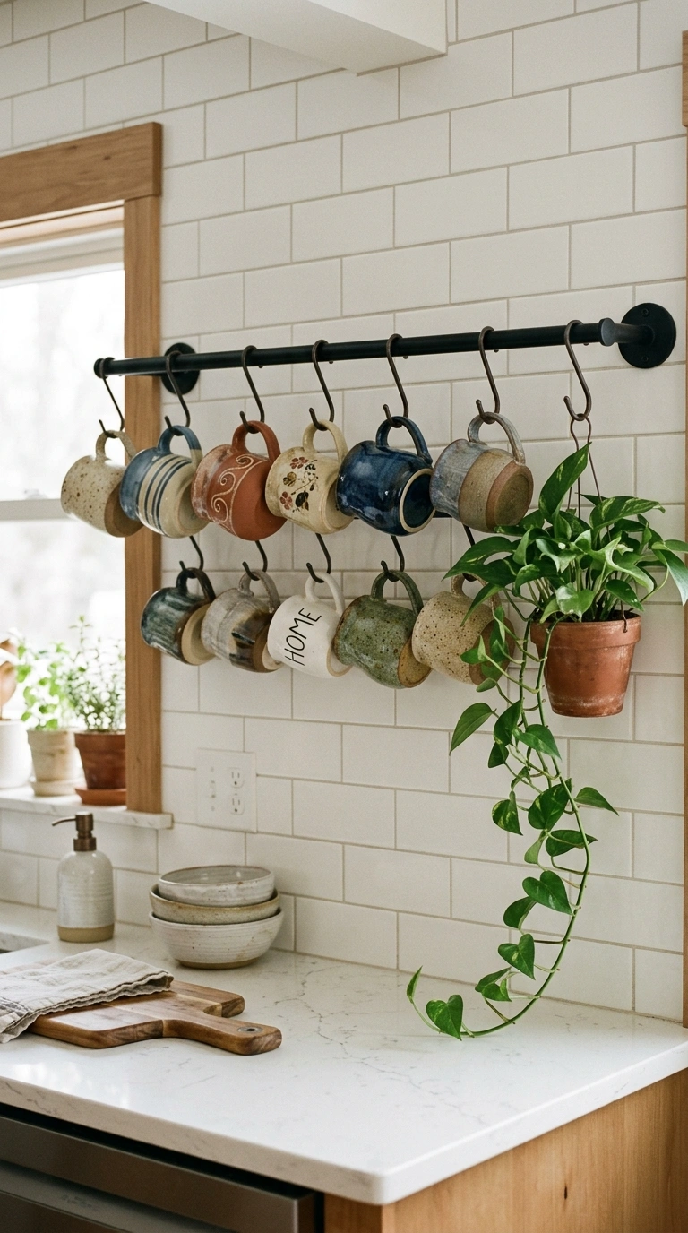 017 A black metal rail mounted above a white kitchen c