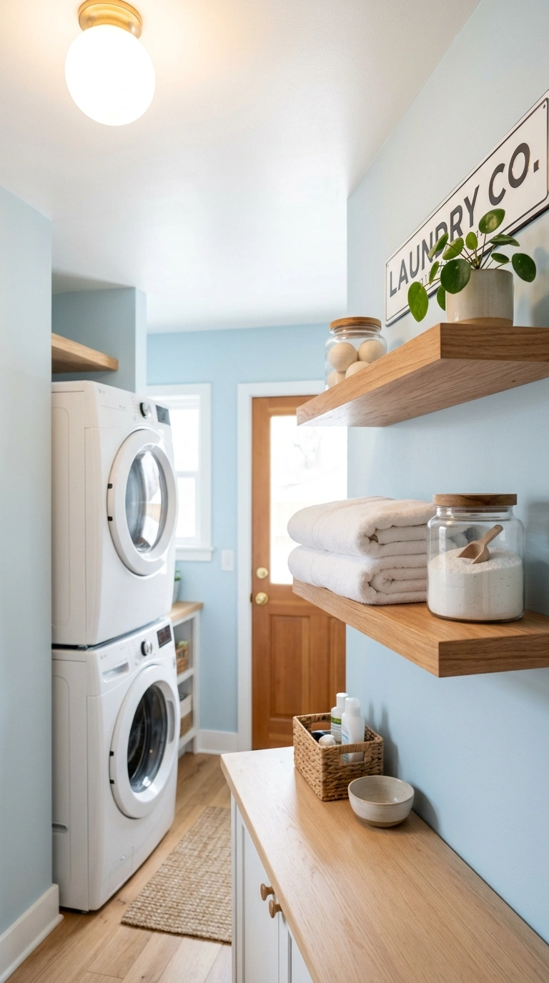 017 A bright small laundry room painted soft pale blue