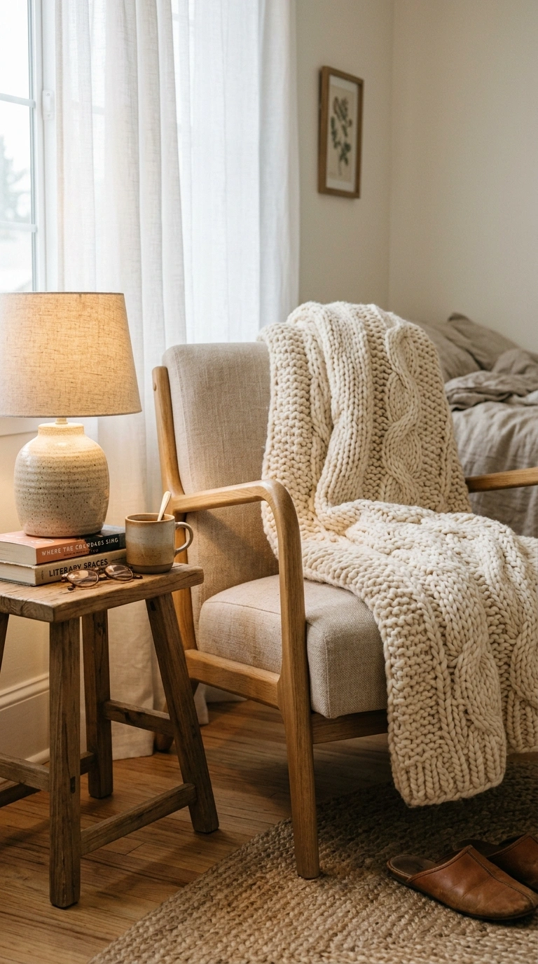 017 A chunky cream knit blanket folded loosely over th