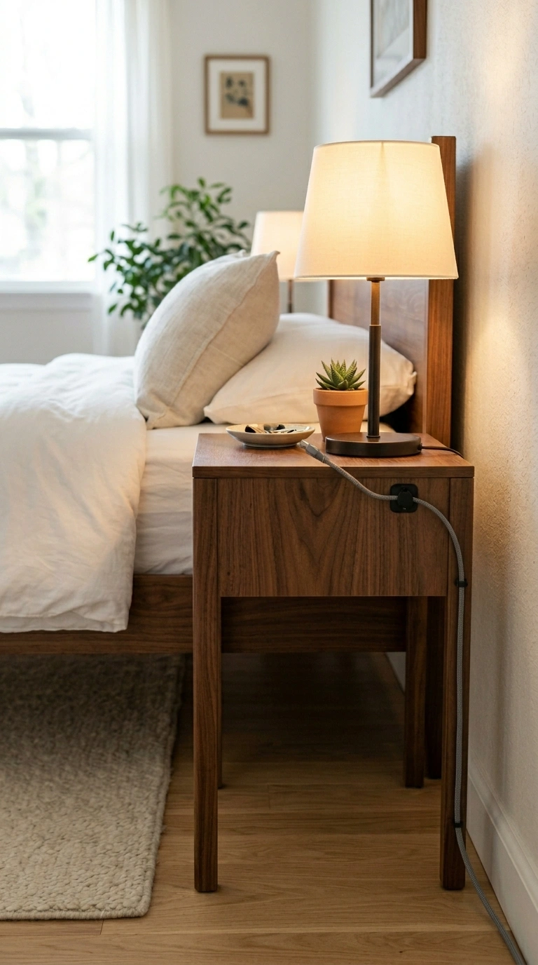 017 A clean bedroom nightstand corner with every cord