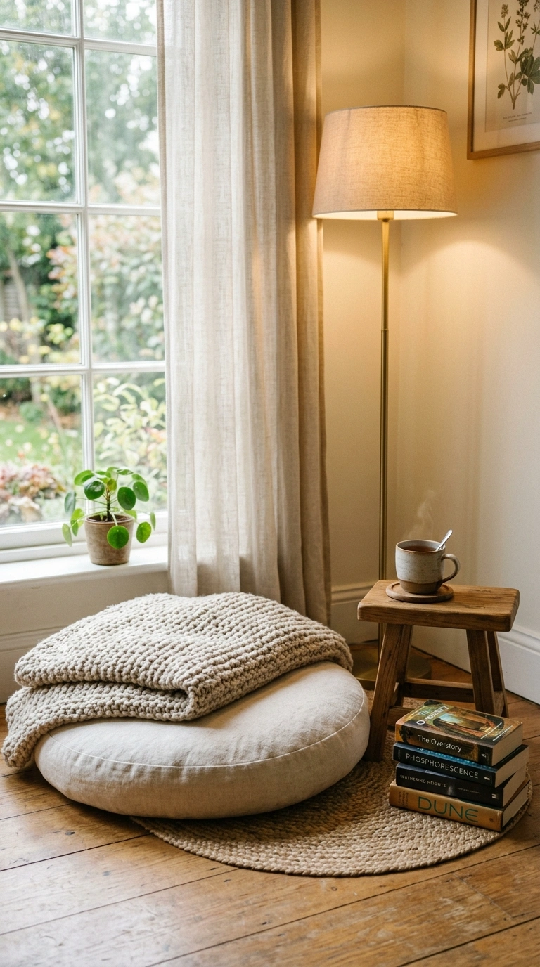 017 A floor level reading nook in a sunny corner with