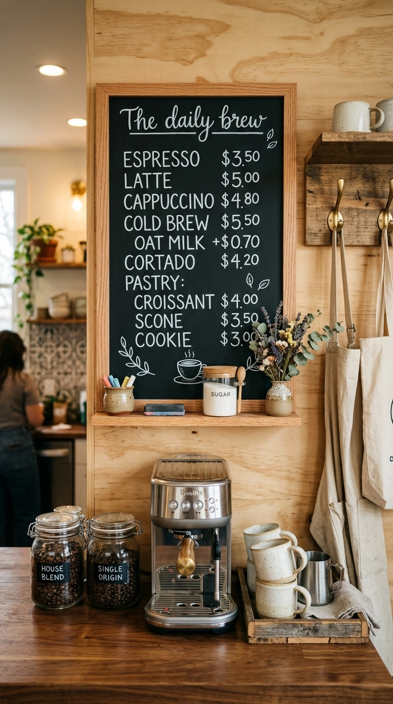 017 A framed chalkboard hung above a counter with a ha