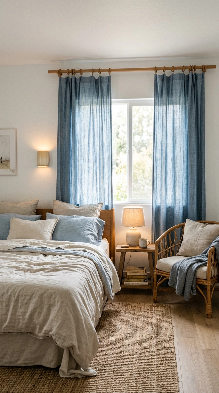 017 A relaxed bedroom with white walls and faded chamb