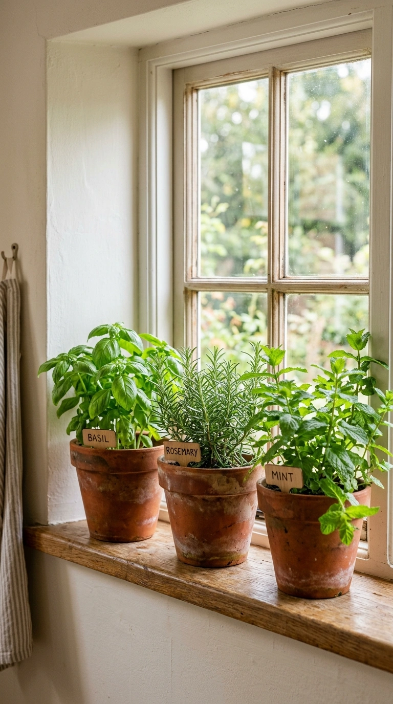 017 A sunny kitchen windowsill lined with three mismat