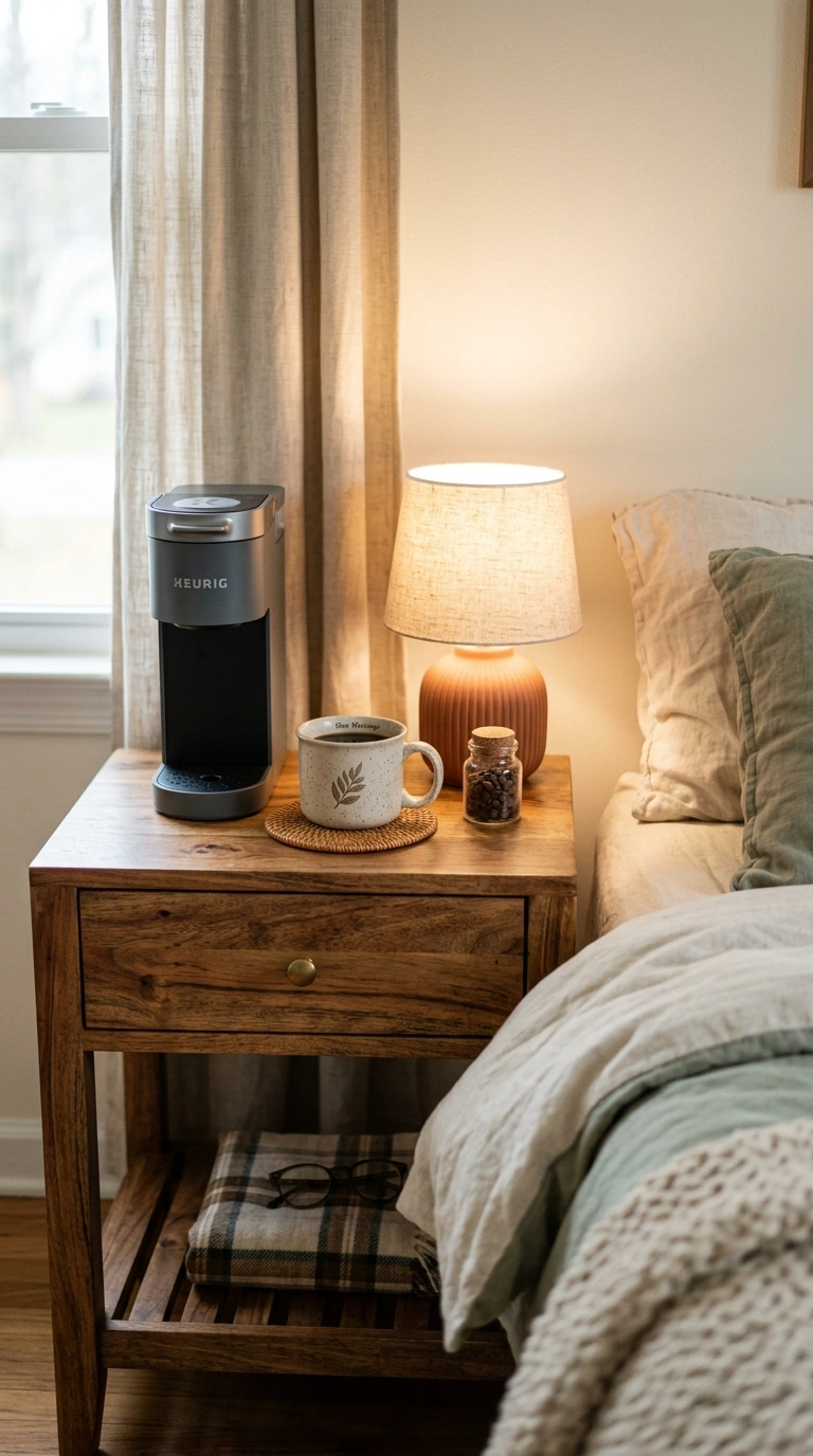 017 A warm wood nightstand with one drawer and a lower