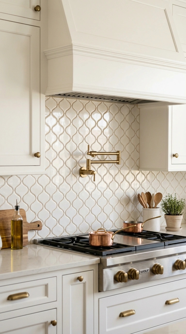 017 An arabesque lantern tile backsplash in glossy war