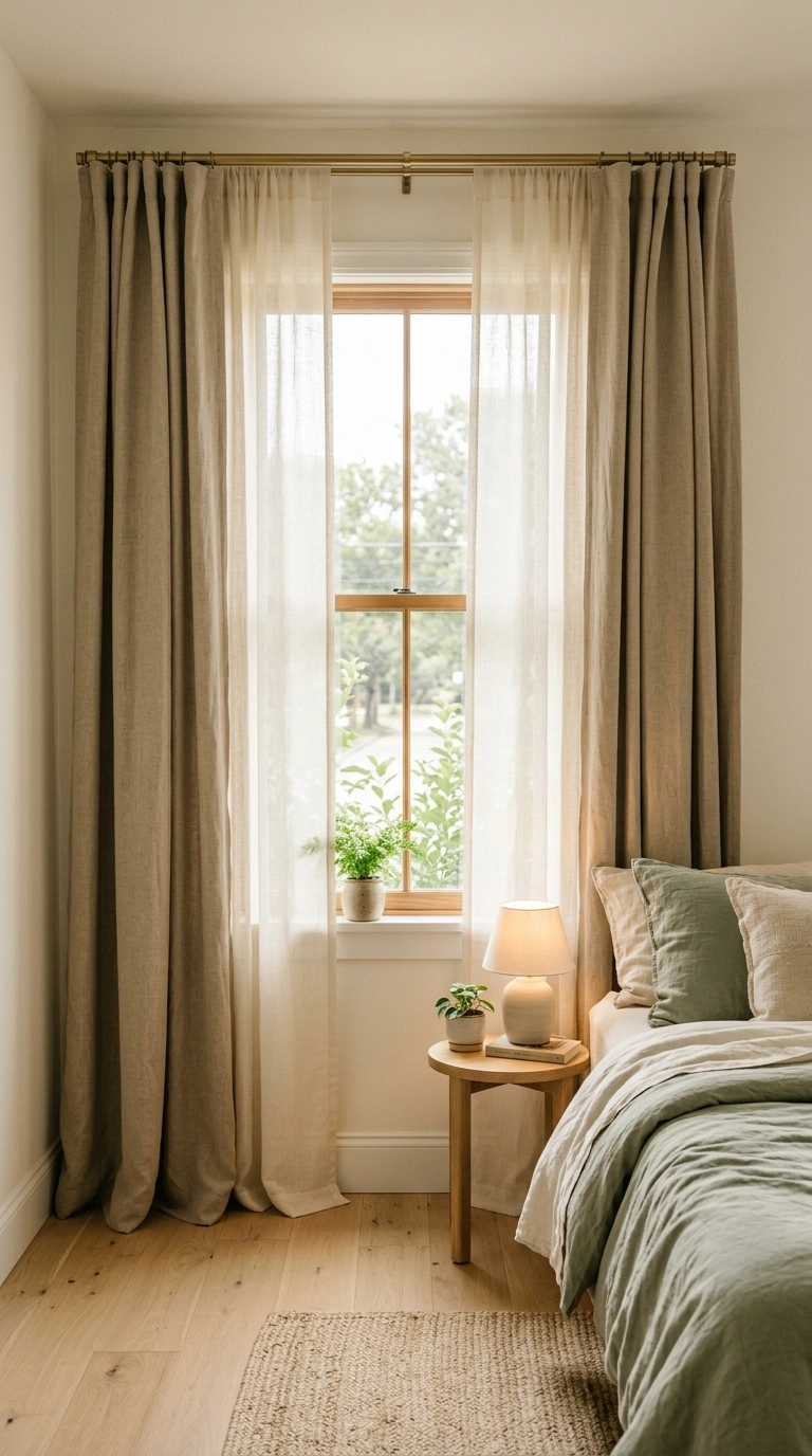 018 A bedroom window dressed in two layers sheer ivory