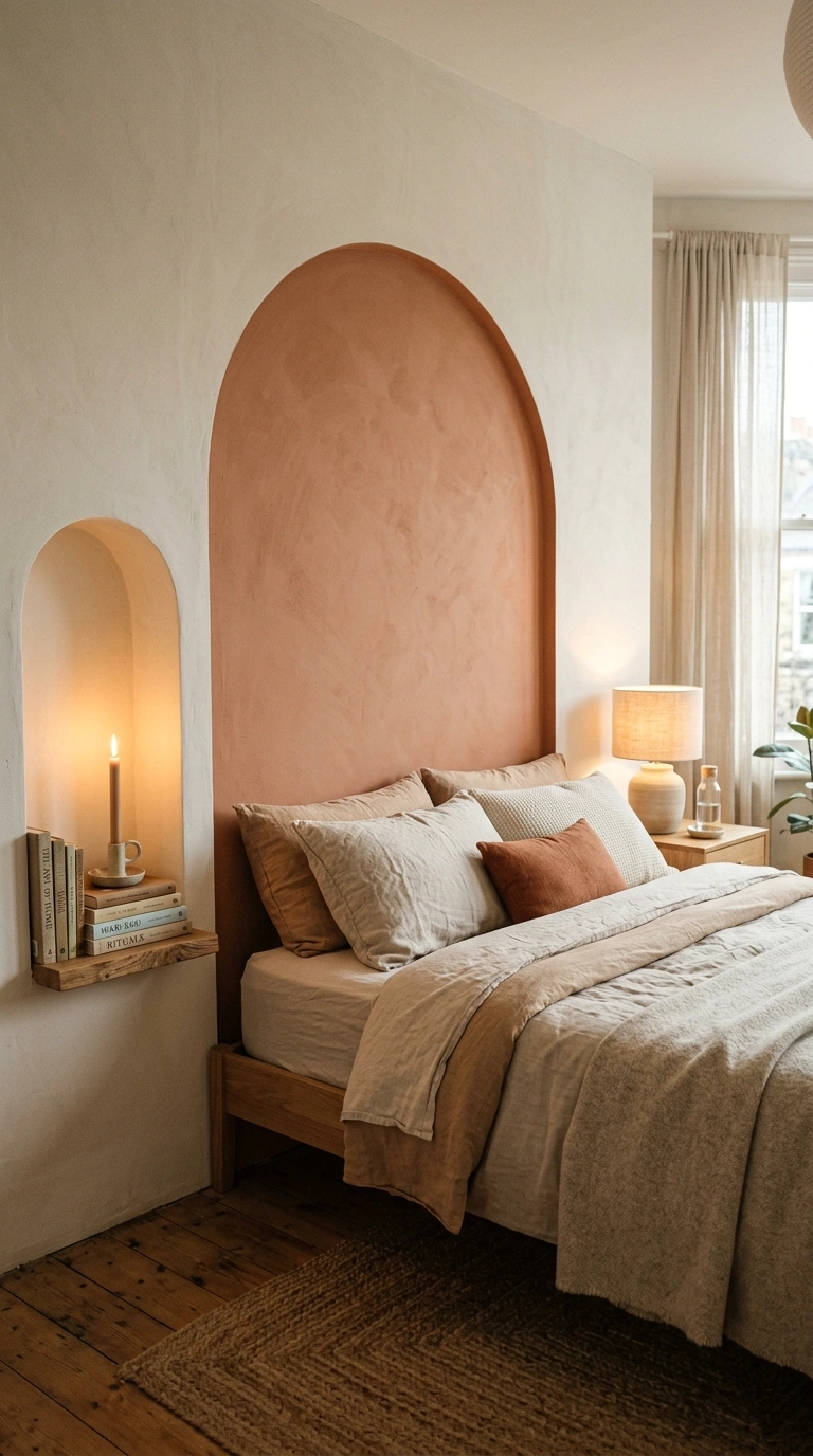 018 A bedroom with a soft arch shape painted behind th