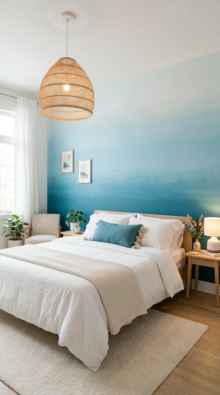 018 A bedroom with an ocean inspired blue gradient fea