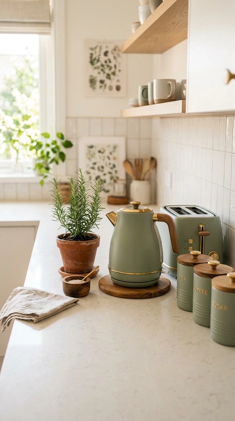 018 A clean kitchen counter styled with grouped sage g