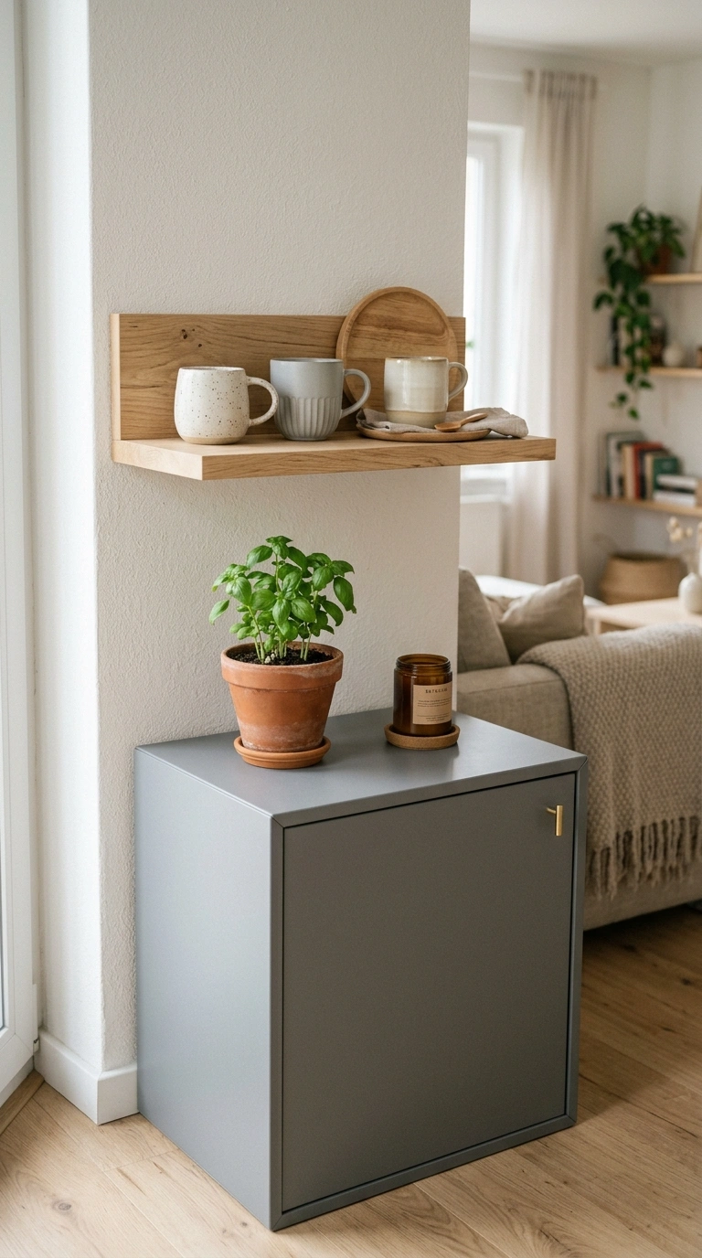 018 A compact gray modular cabinet with a single open