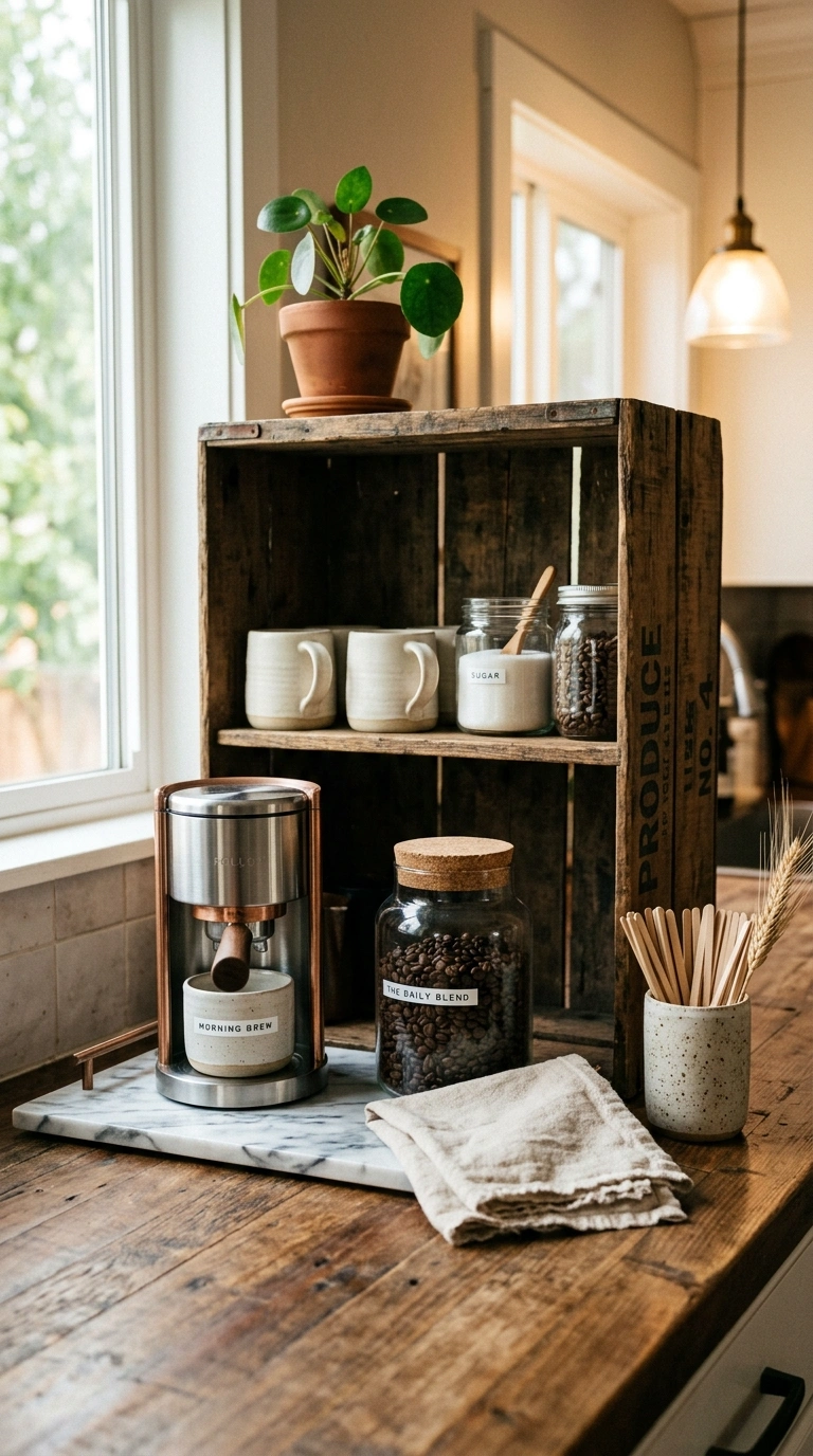 018 A layered coffee bar pairing a vintage wooden crat
