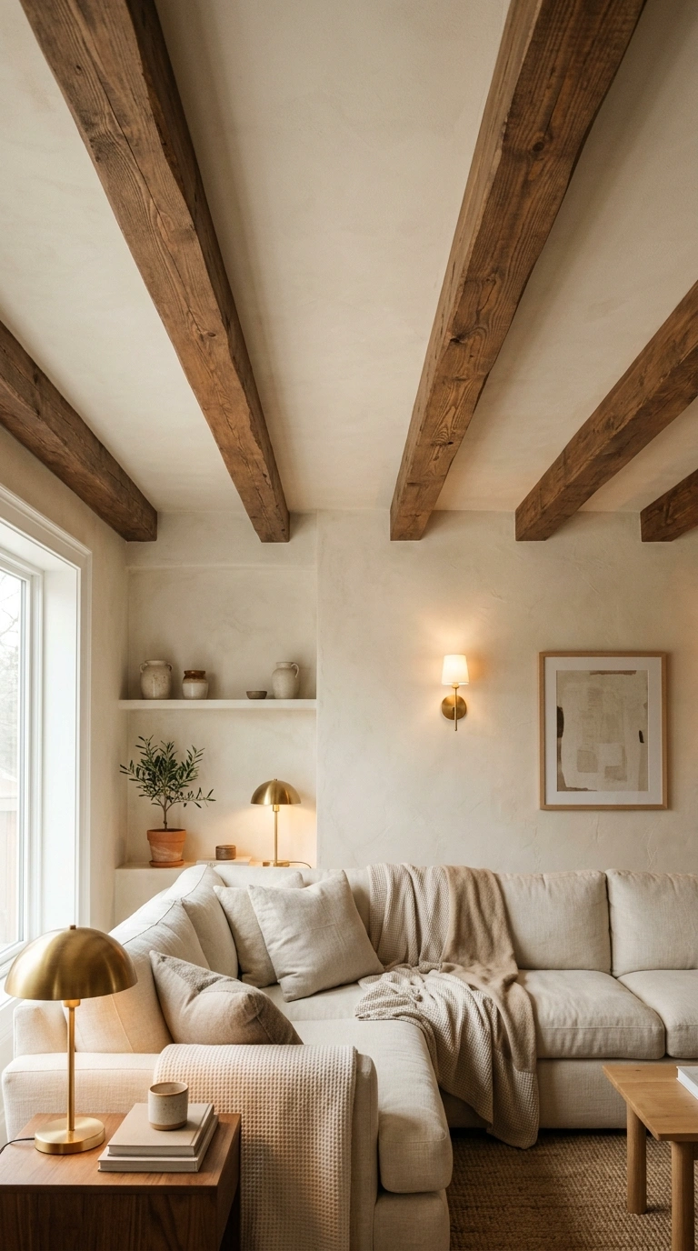 018 A living room ceiling with warm walnut faux beams