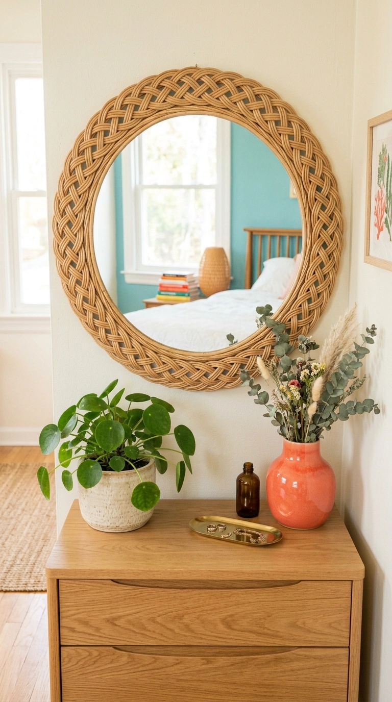 018 A round mirror with a natural rattan frame hung ab