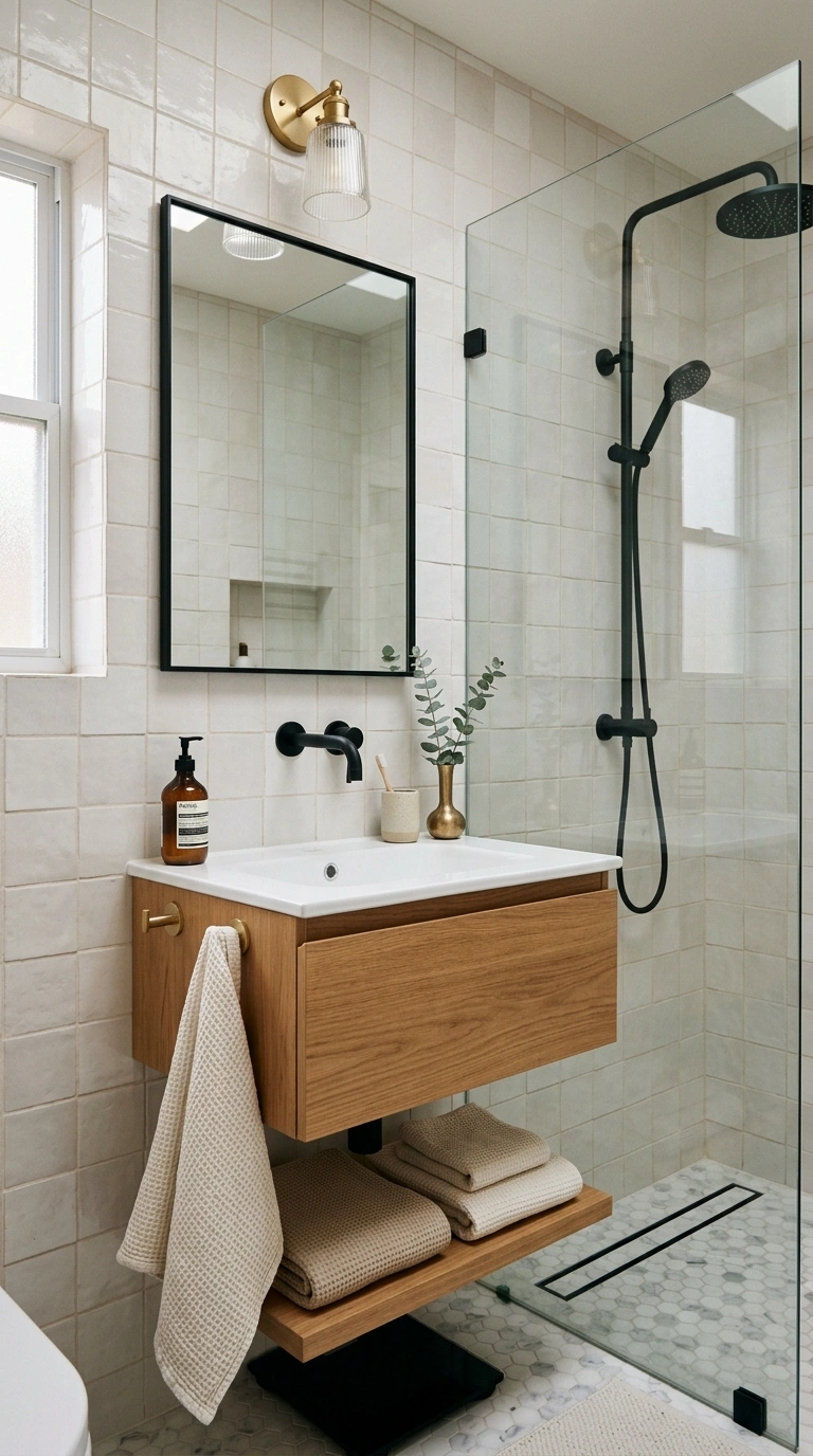 018 A small bathroom in soft pale tile with a few rest