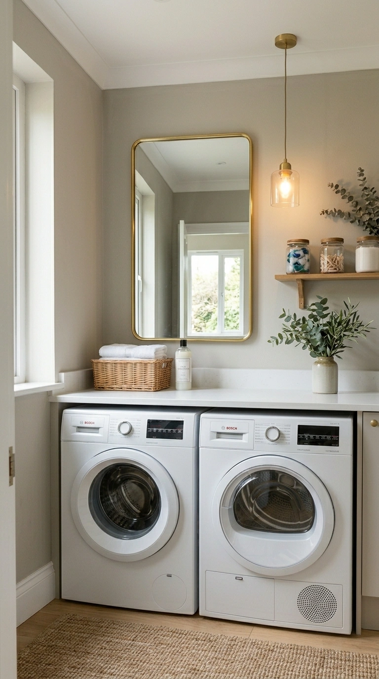 018 A small laundry room with a slim brass framed mirr