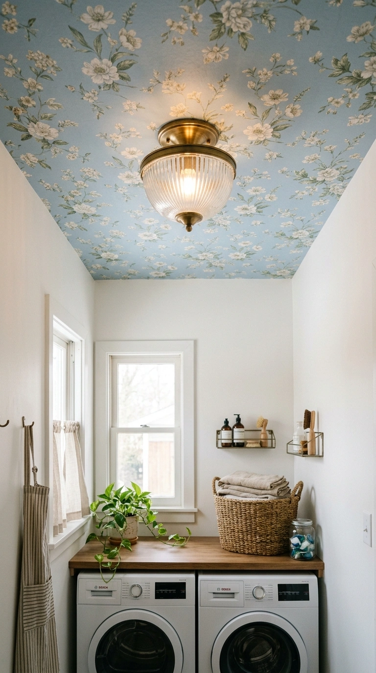 018 A small laundry room with a wallpapered ceiling in