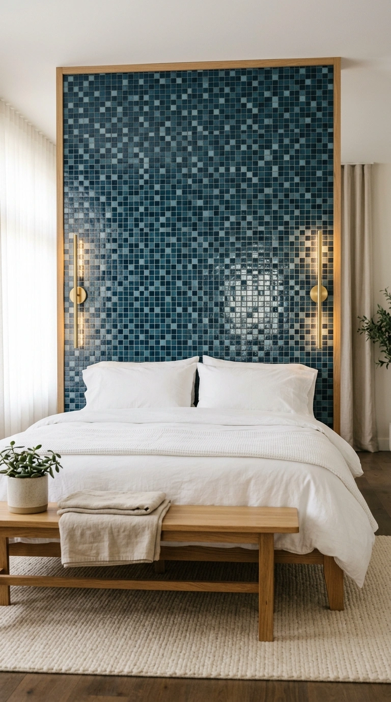 019 A bedroom with a blue tile mosaic headboard wall i