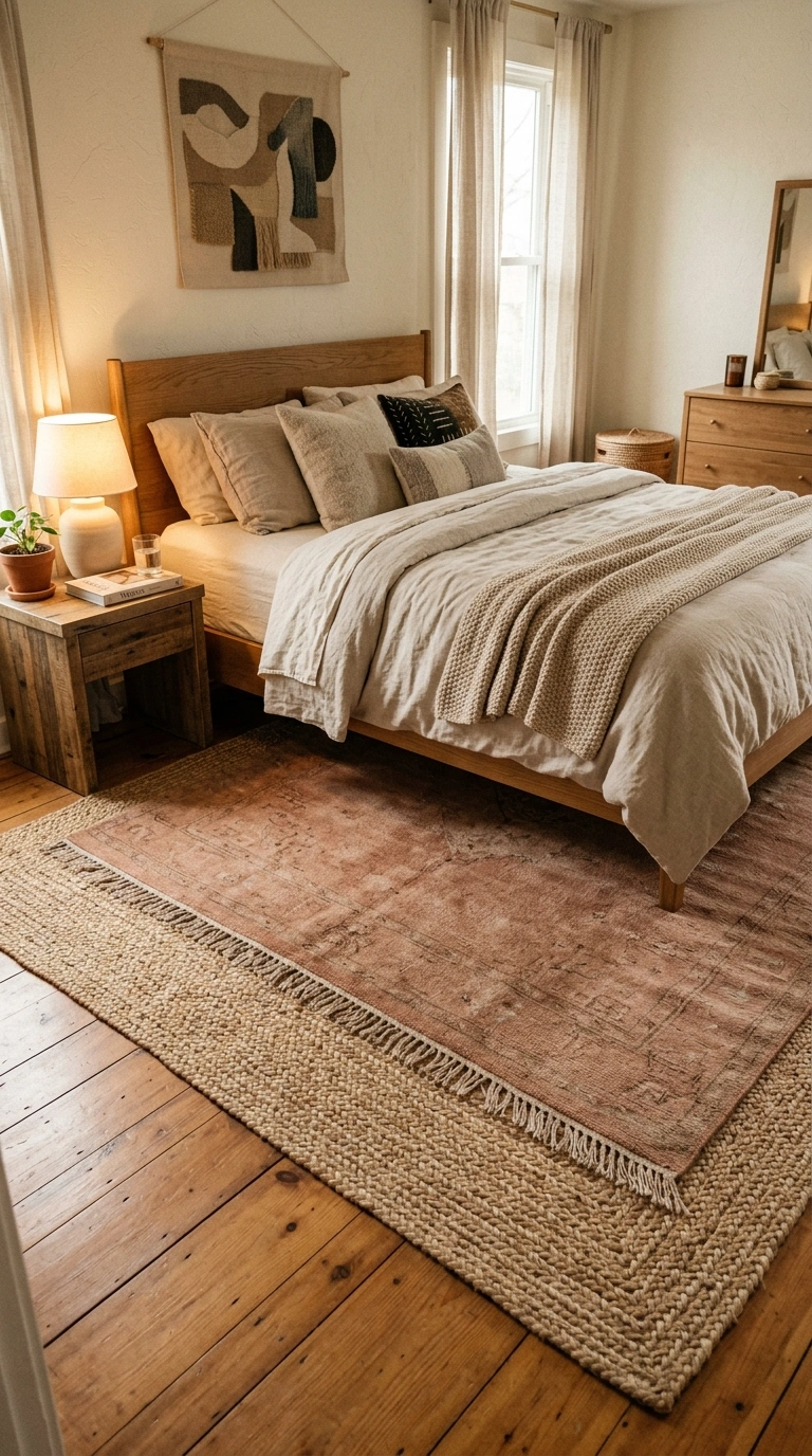 019 A bedroom with layered textured rugs a wide jute b