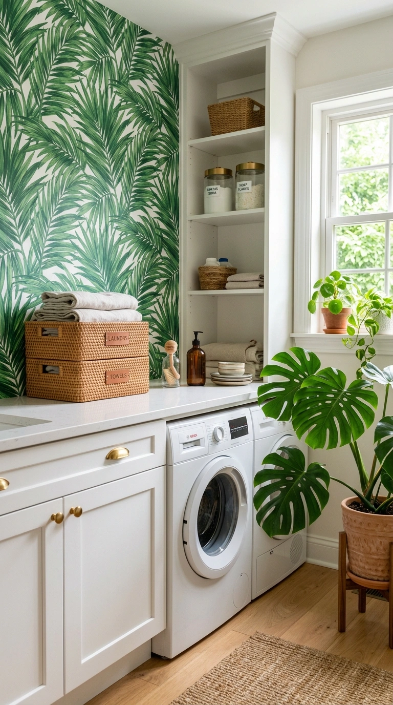 019 A breezy laundry room with bold tropical green pal