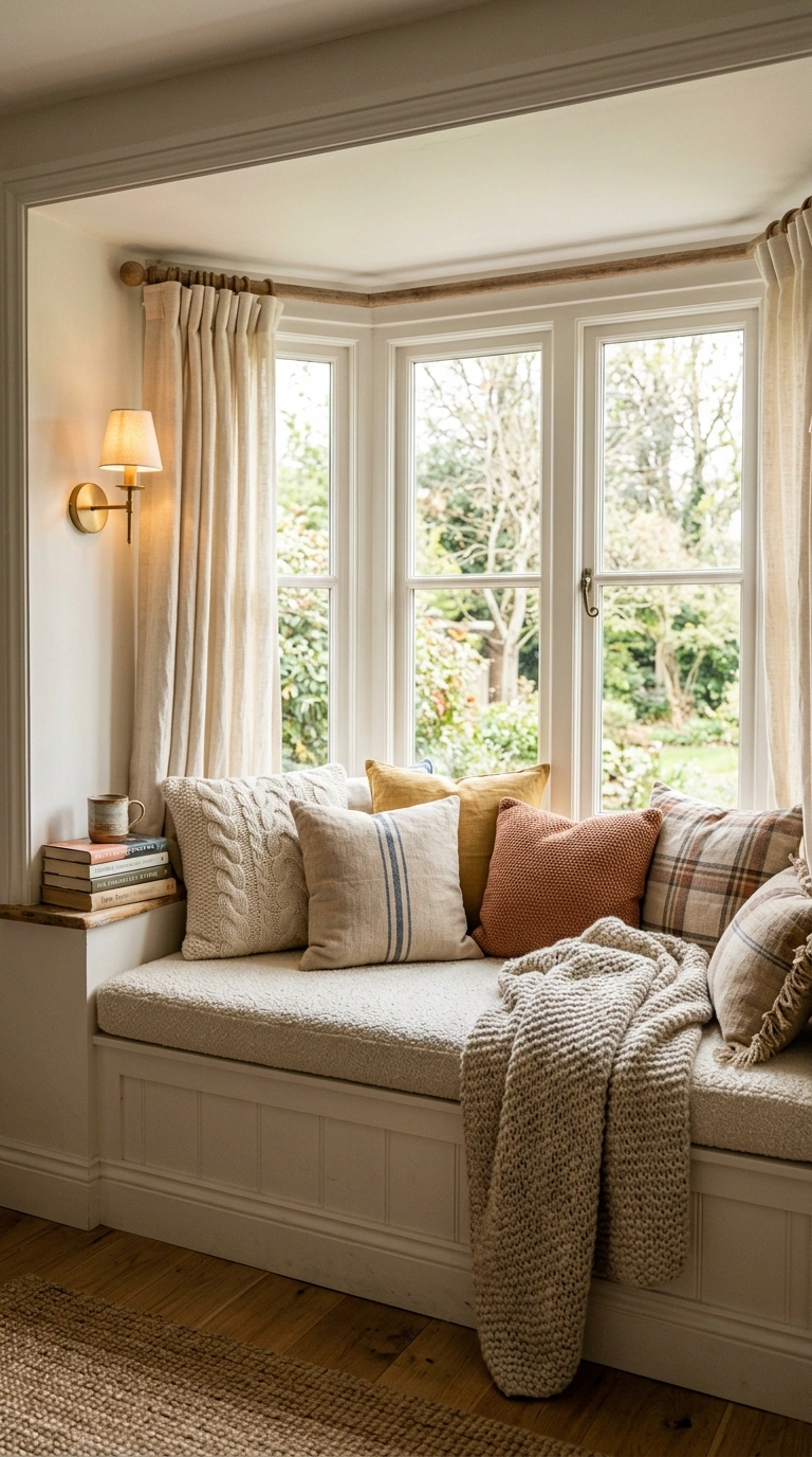 019 A cozy cushioned window seat nook in a wide bay wi