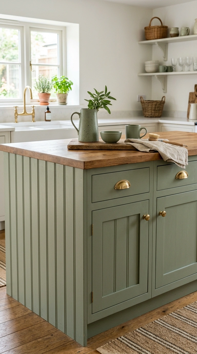 019 A kitchen island side or lower wall clad in sage g