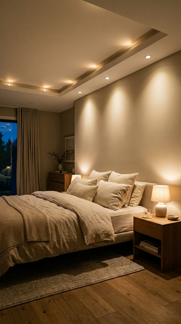 019 A polished bedroom at evening with small warm 2700