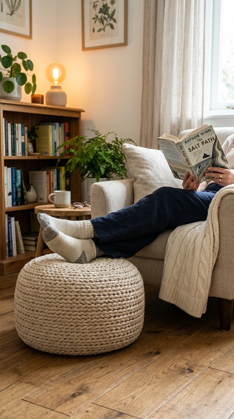 019 A round woven cotton pouf in oat tucked against a