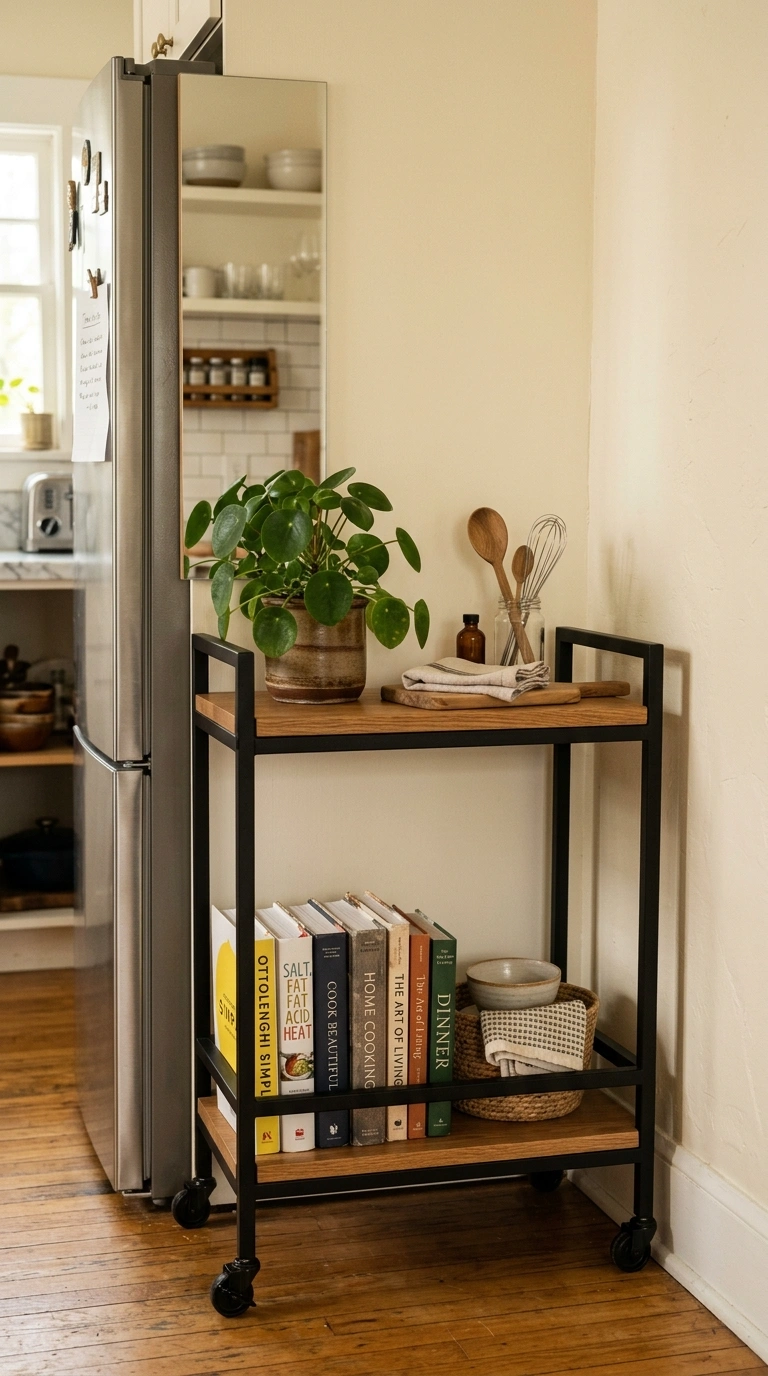 019 A slim two shelf rolling cart with a warm wood top