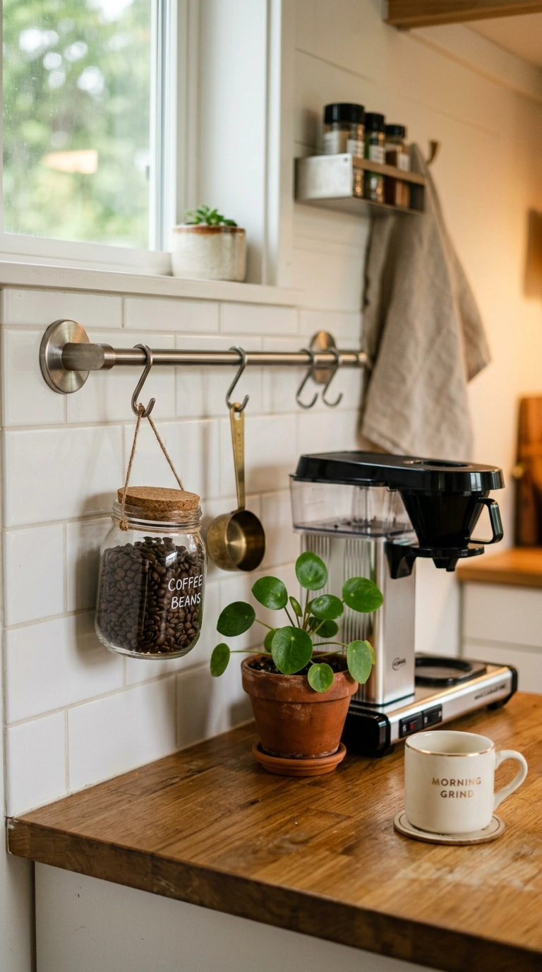 019 A small stainless steel rail with hooks and a hang