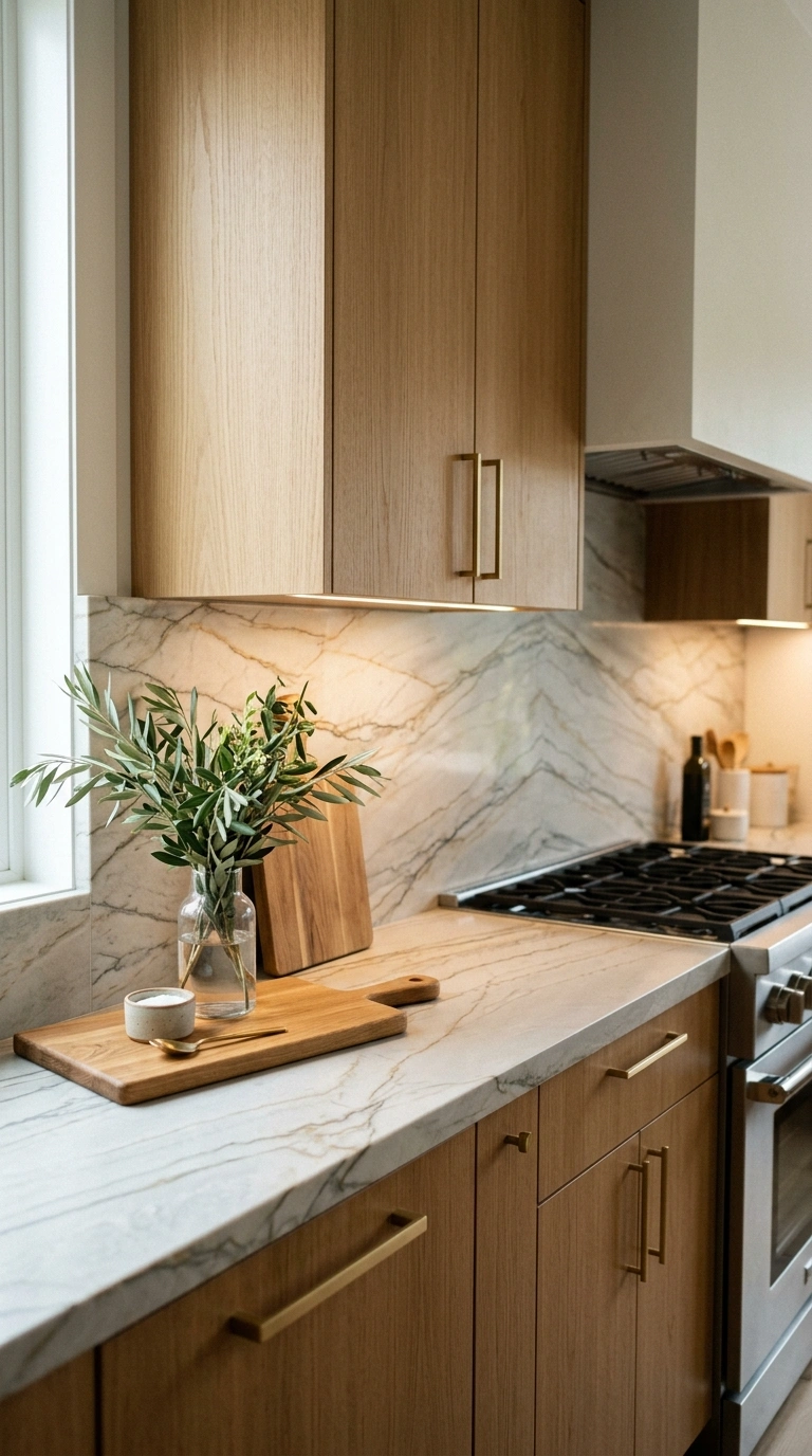 019 A waterfall slab backsplash where dramatic veined