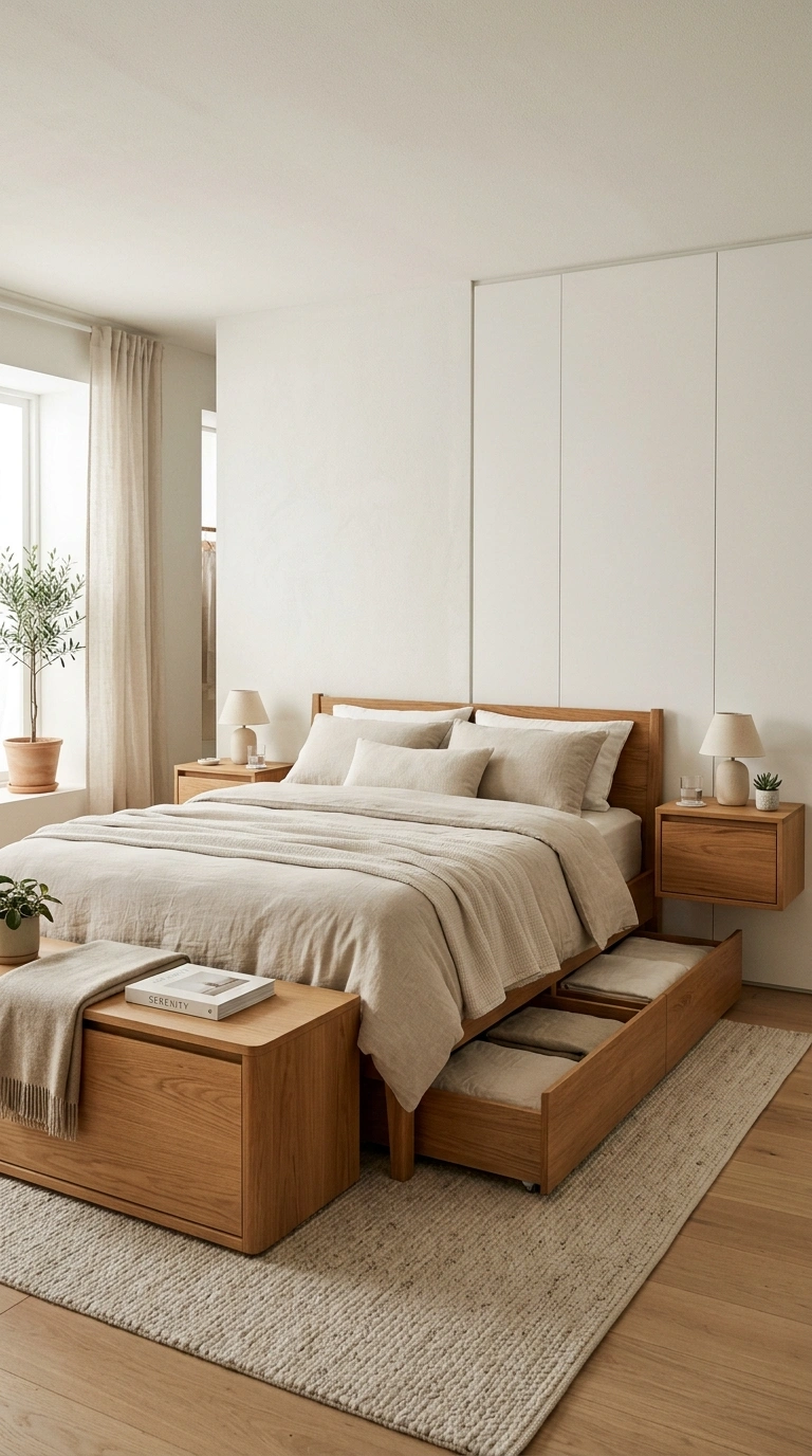 020 A calm bedroom with smart hidden storage a bed wit