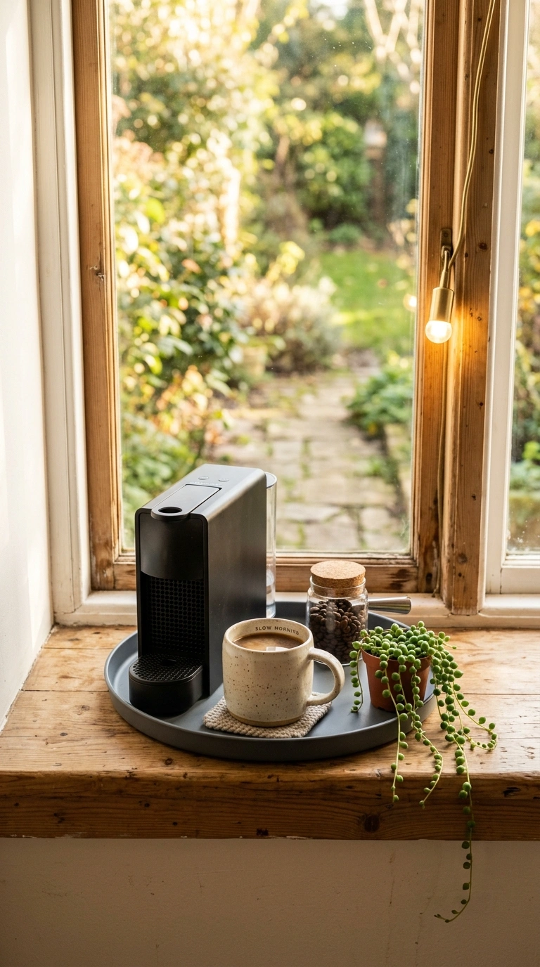 020 A deep sunny windowsill used as a mini coffee perc