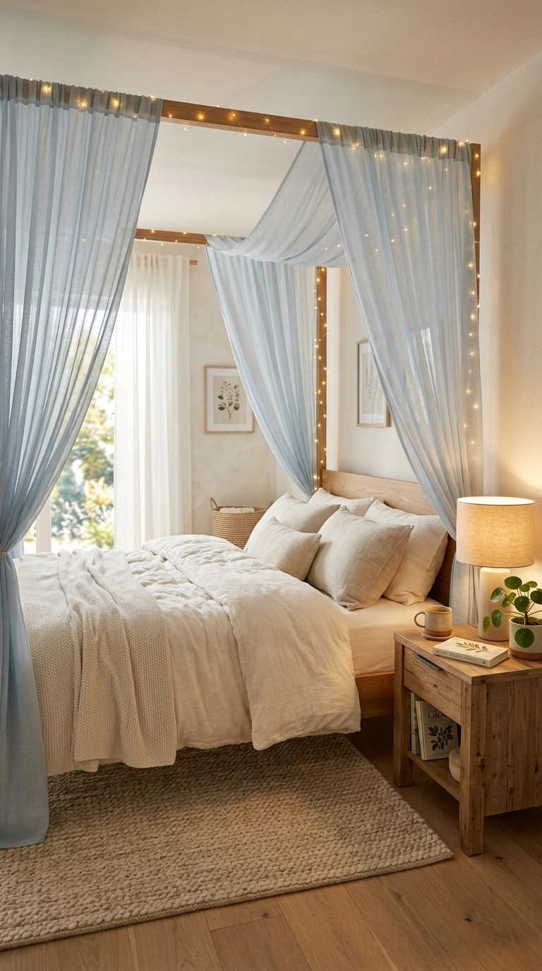 020 A dreamy bedroom with soft pale blue sheer canopy