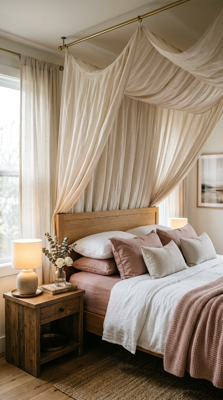 020 A romantic bedroom with a soft linen fabric canopy