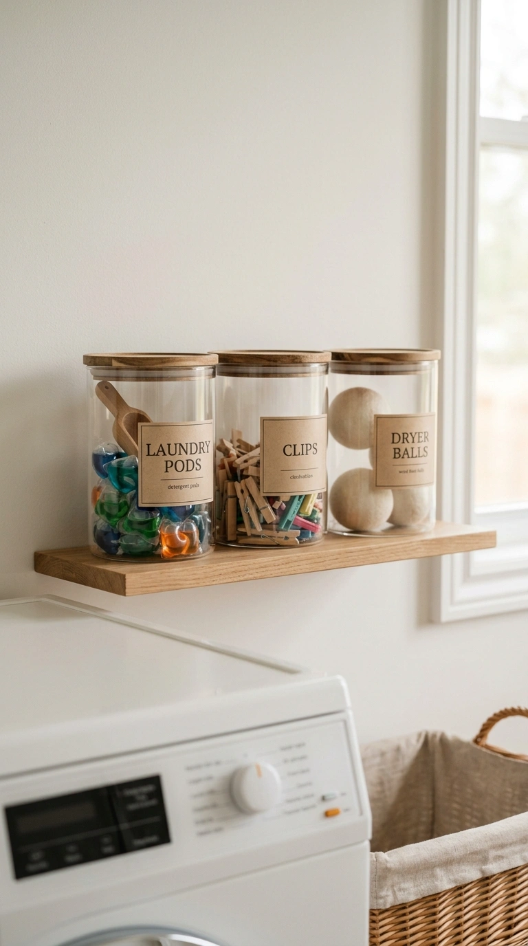 020 A small laundry shelf styled with a row of matchin