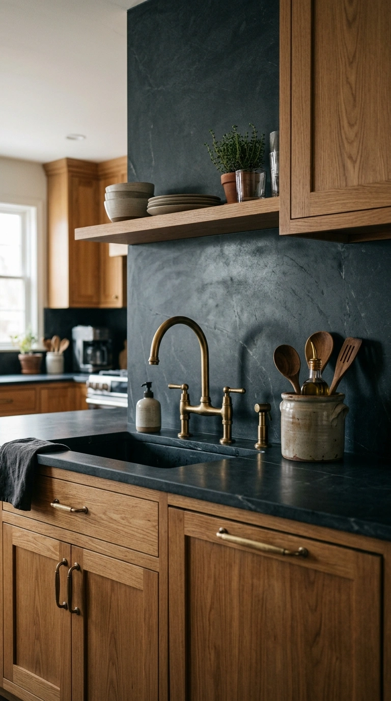 020 A soapstone slab backsplash in deep charcoal gray