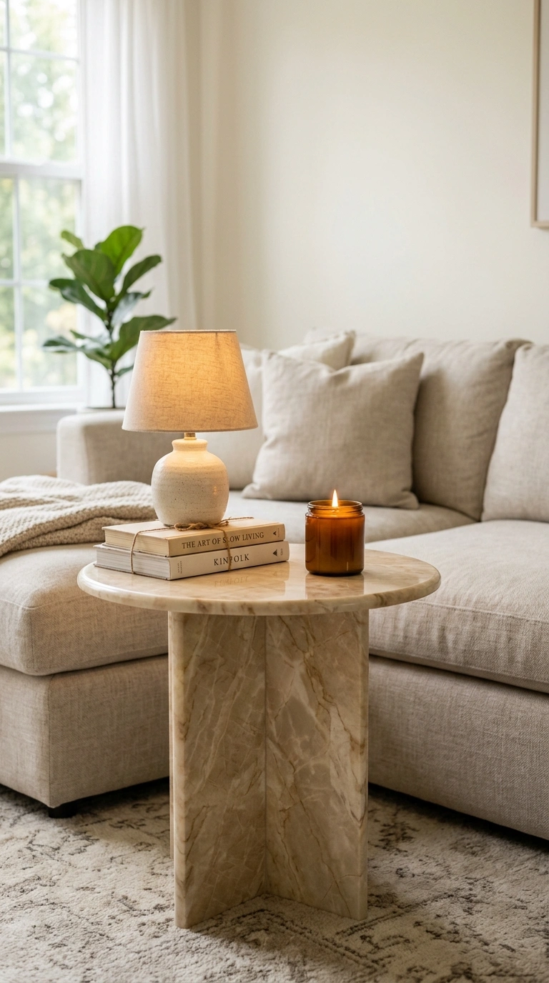 020 A warm cream marble pedestal side table beside a s