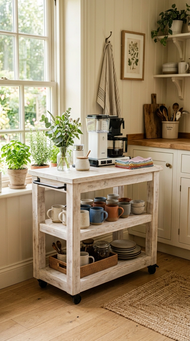 020 A whitewashed pine cart with a lower shelf holding