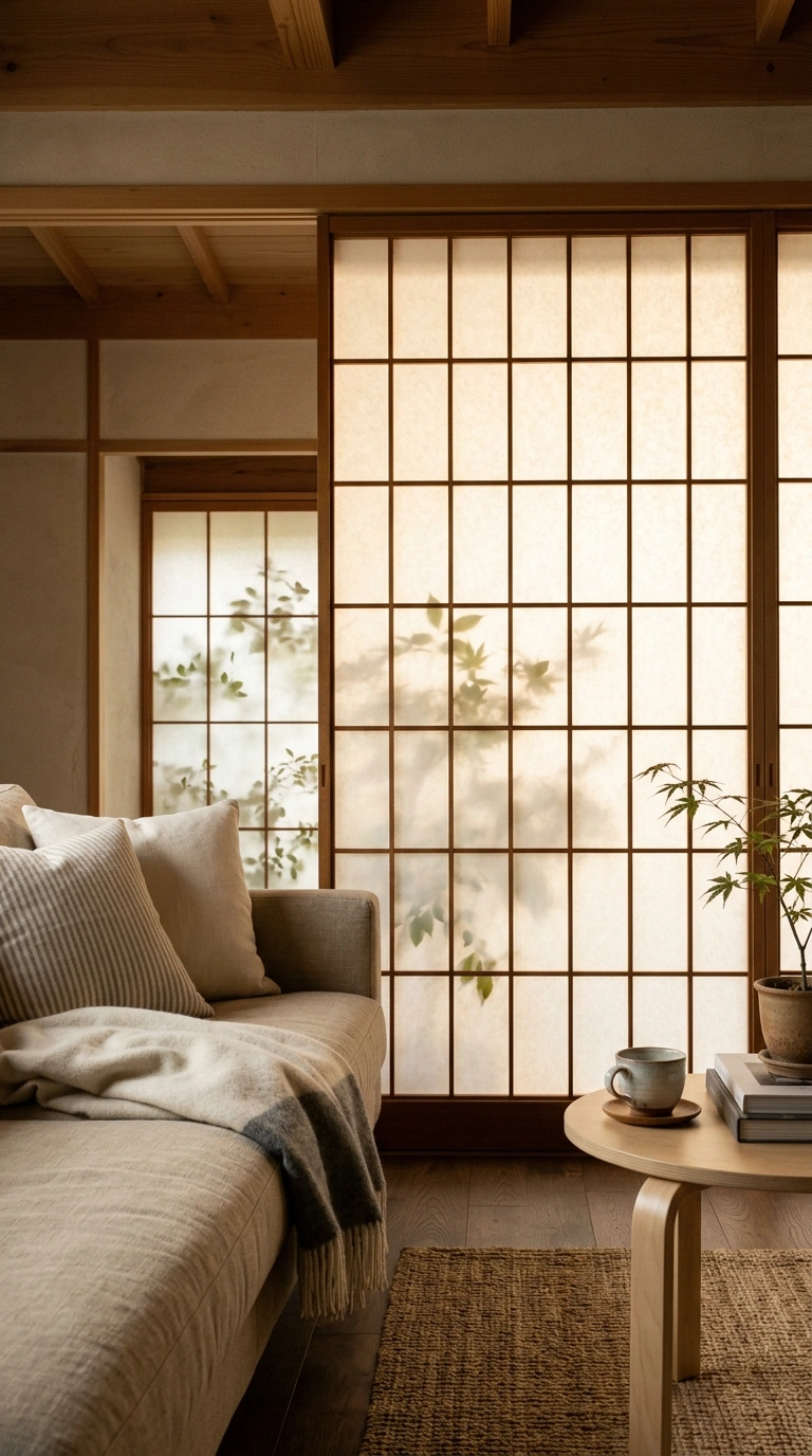 020 A wood framed shoji screen with translucent rice p