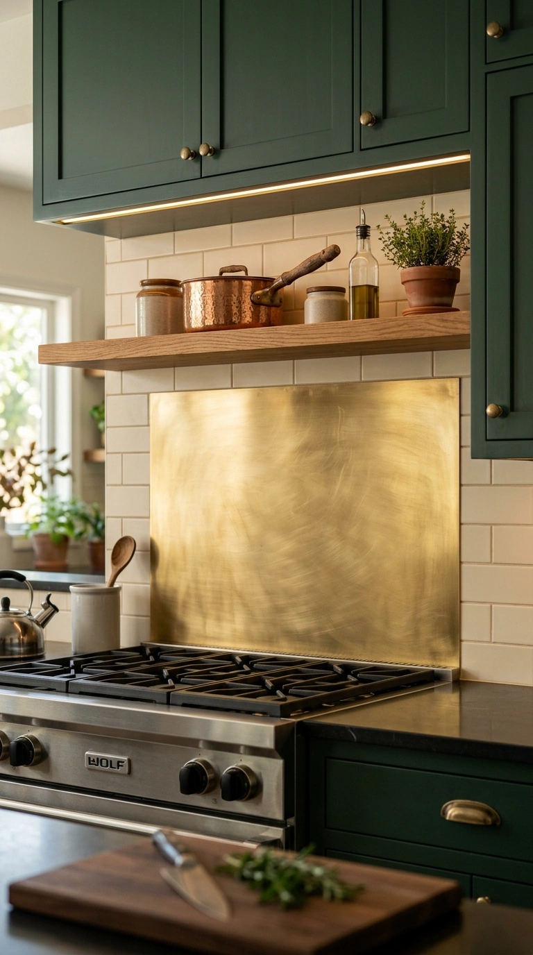 021 A brushed brass metal sheet backsplash in warm gol