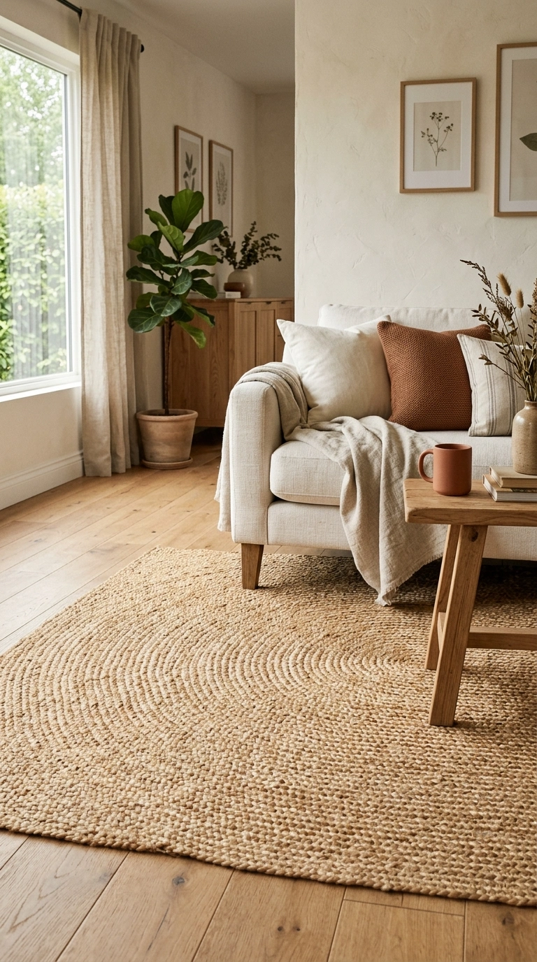 021 A large natural jute rug grounding a calm living r
