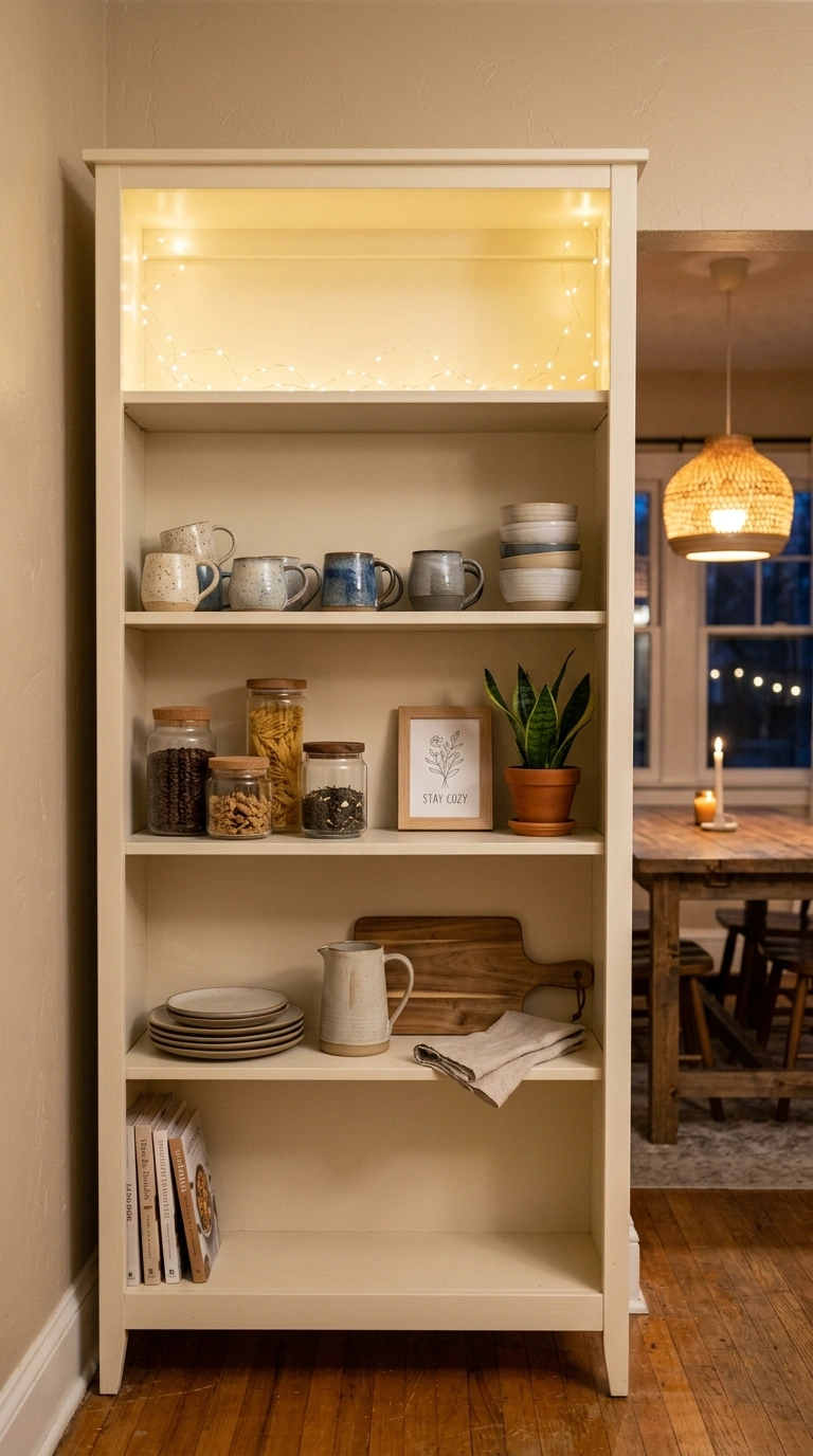 021 A large open shelving unit wrapped with warm white