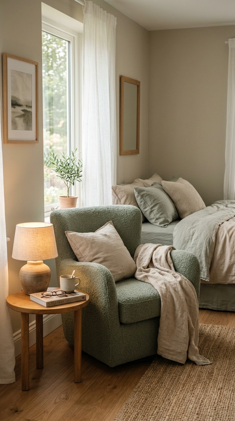 021 A muted sage boucle reading chair set in a small b