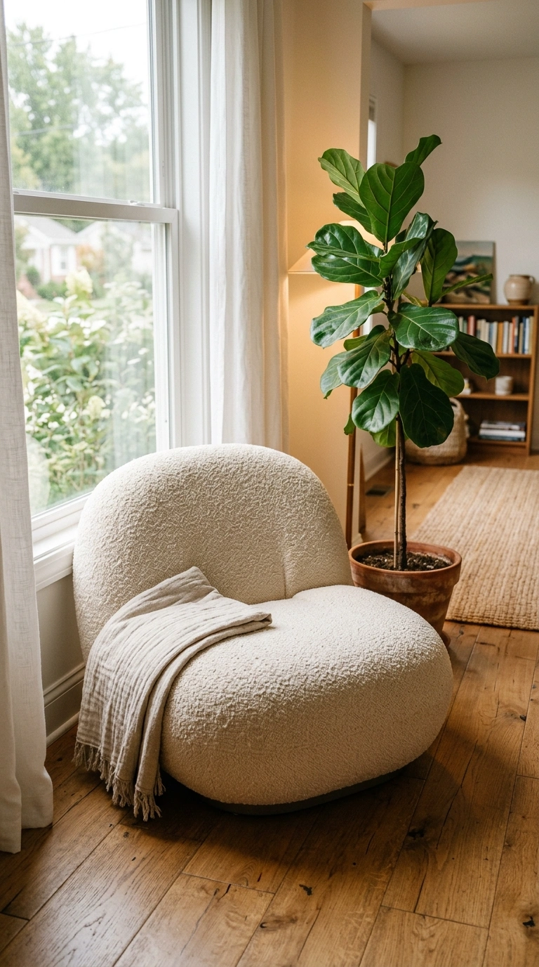 021 A plush warm cream boucle lounge chair with a roun